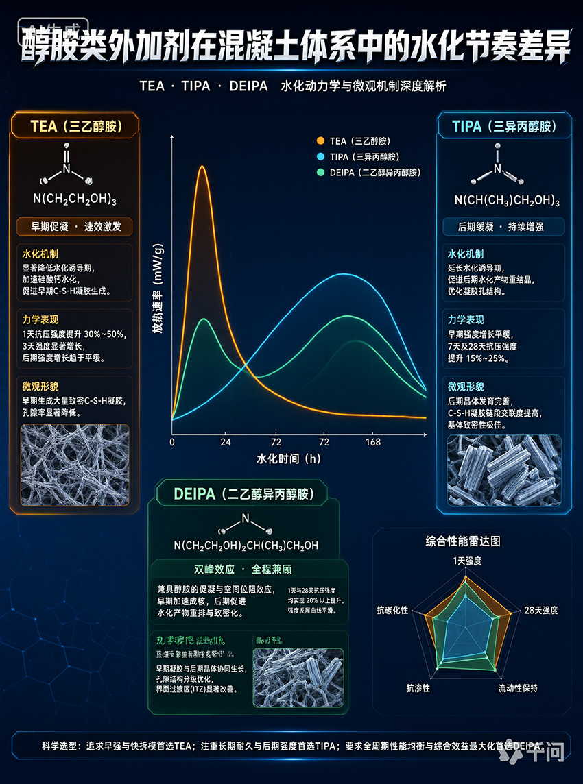 TEA、TIPA、DEIPA 在混凝土体系中的水化节奏差异 TEA、TIPA、DEIPA 在混凝土体系中的水化节奏差异